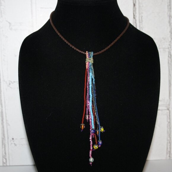 Express Jewelry - Beautiful Express Brown leather and colorful glass beaded necklace 15-16"